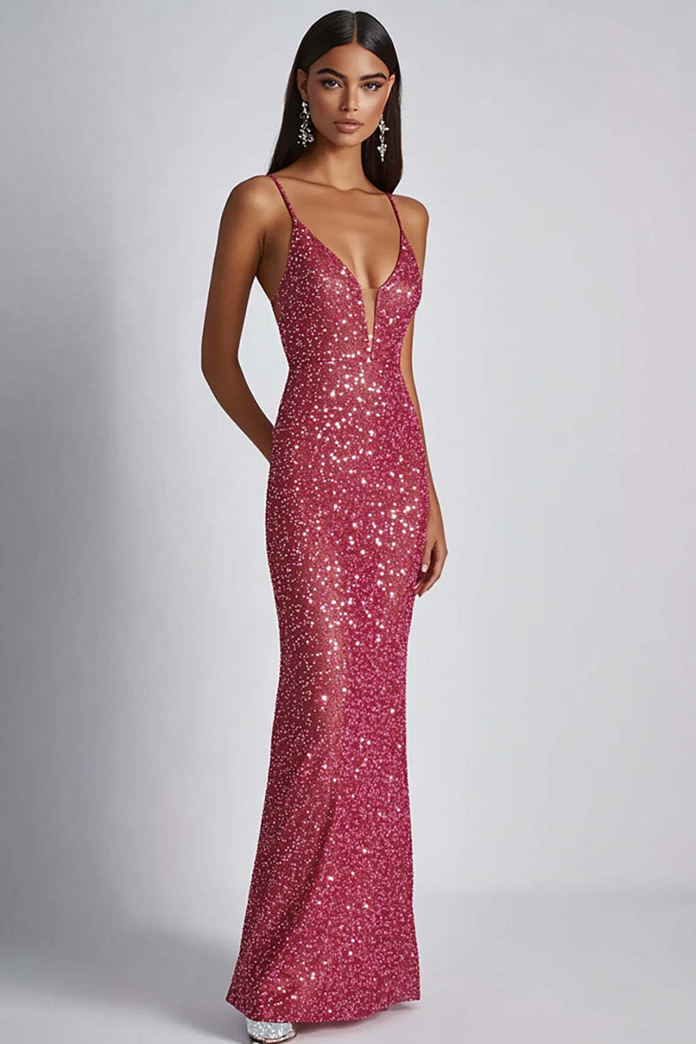 Dressystars Fuchsia Wedding Guest Dress Sheath Spaghetti Straps Long Formal Dress