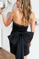 Dressystars Glitter Black Homecoming Dresses Beaded Strapless Tight Short Cocktail Dresses With Bow