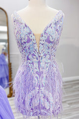 Dressystars Glitter Blue Homecoming Dress Sequined Tight Short Prom Dress with Feathers