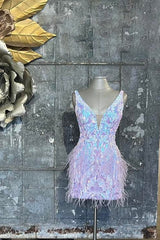 Dressystars Glitter Blue Homecoming Dress Sequined Tight Short Prom Dress with Feathers
