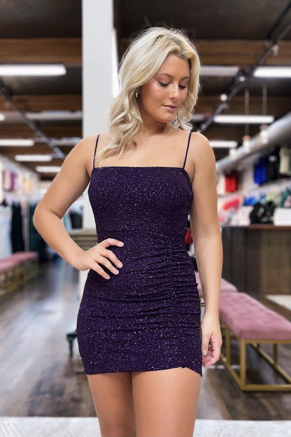 Dressystars Glitter Dark Purple Homecoming Dress Sequin Spaghetti Straps Tight Short Prom Dress