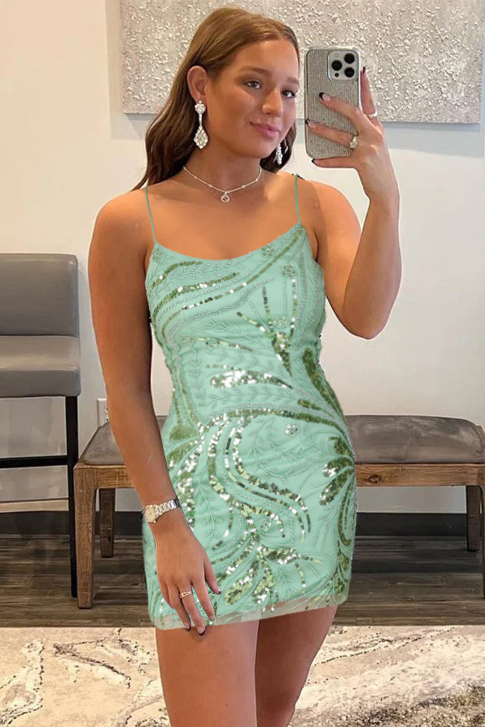 Dressystars Glitter Green Homecoming Dress Sequin Tight Beaded Short Prom Dress