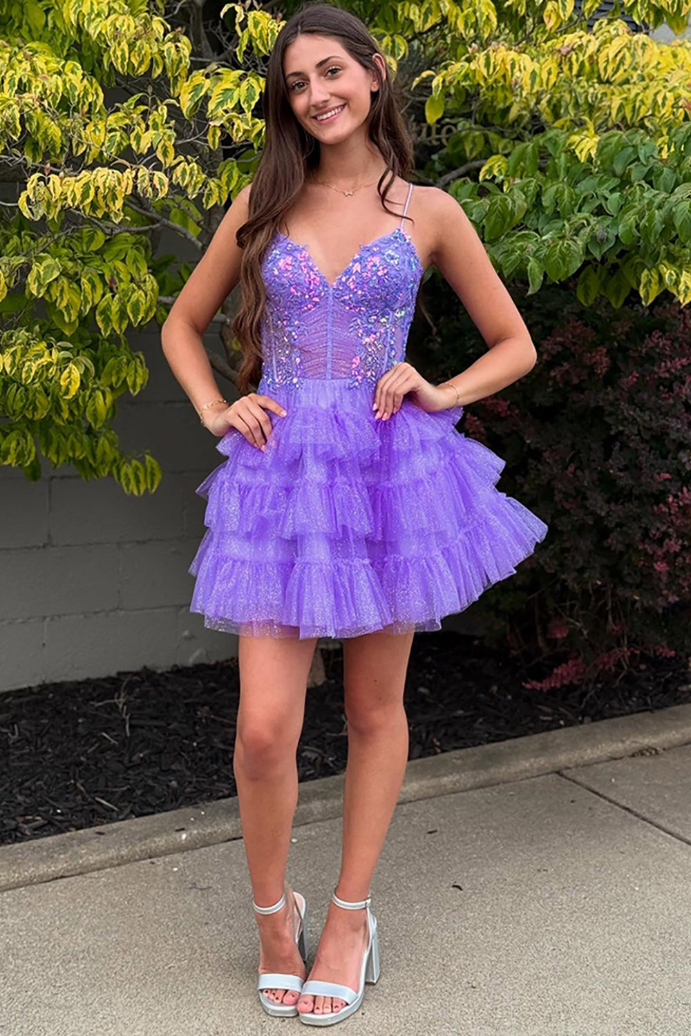 Dressystars Glitter Lavender Homecoming Dresses Ruffled Short Corset Cocktail Dresses With Sequins