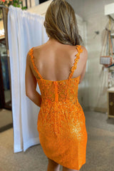 Dressystars Glitter Orange Homecoming Dress Corset Sequin Tight Short Prom Dress with Appliques