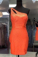Dressystars Glitter Orange Homecoming Dress One Shoulder Sequin Tight Short Prom Dress
