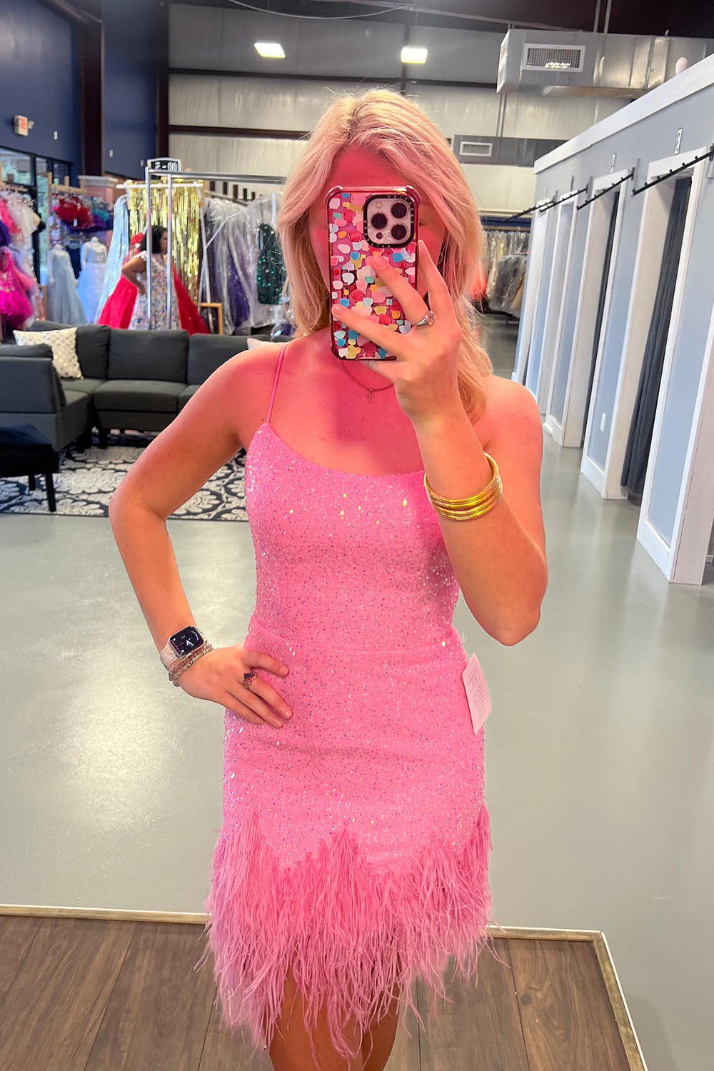 Dressystars Glitter Pink Homecoming Dress Sequin Tight Short Prom Dress With Feathers