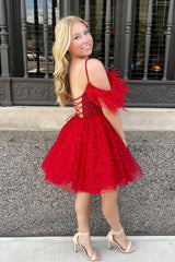 Dressystars Glitter Red Homecoming Dress A-Line Sequin Tulle Short Prom Dress with Feathers