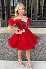 Dressystars Glitter Red Homecoming Dress A-Line Sequin Tulle Short Prom Dress with Feathers