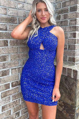 Dressystars Glitter Royal Blue Homecoming Dress Halter Backless Sequin Tight Prom Dress