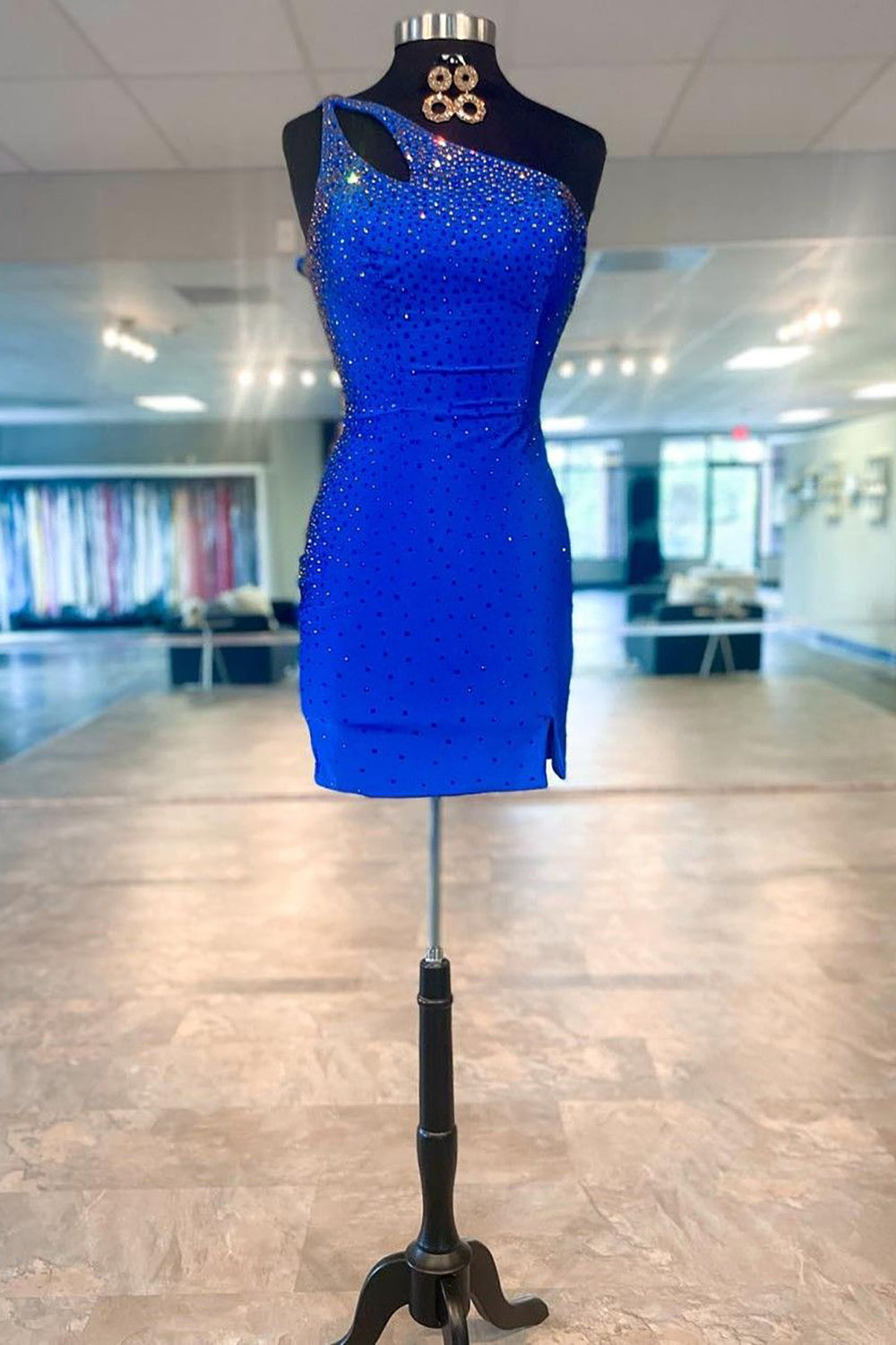 Dressystars Glitter Royal Blue Homecoming Dress One Shoulder Sequin Tight Short Prom Dress