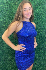 Dressystars Glitter Royal Blue Homecoming Dress Spaghetti Straps Sequin Tight Short Prom Dress