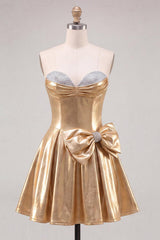 Dressystars Gold A Line Metallic Beaded Short Homecoming Dress with Bow