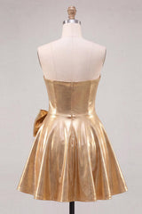 Dressystars Gold A Line Metallic Beaded Short Homecoming Dress with Bow