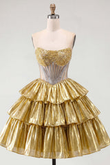 Dressystars Gold Metallic Strapless Beaded A-Line Corset Short Homecoming Dress