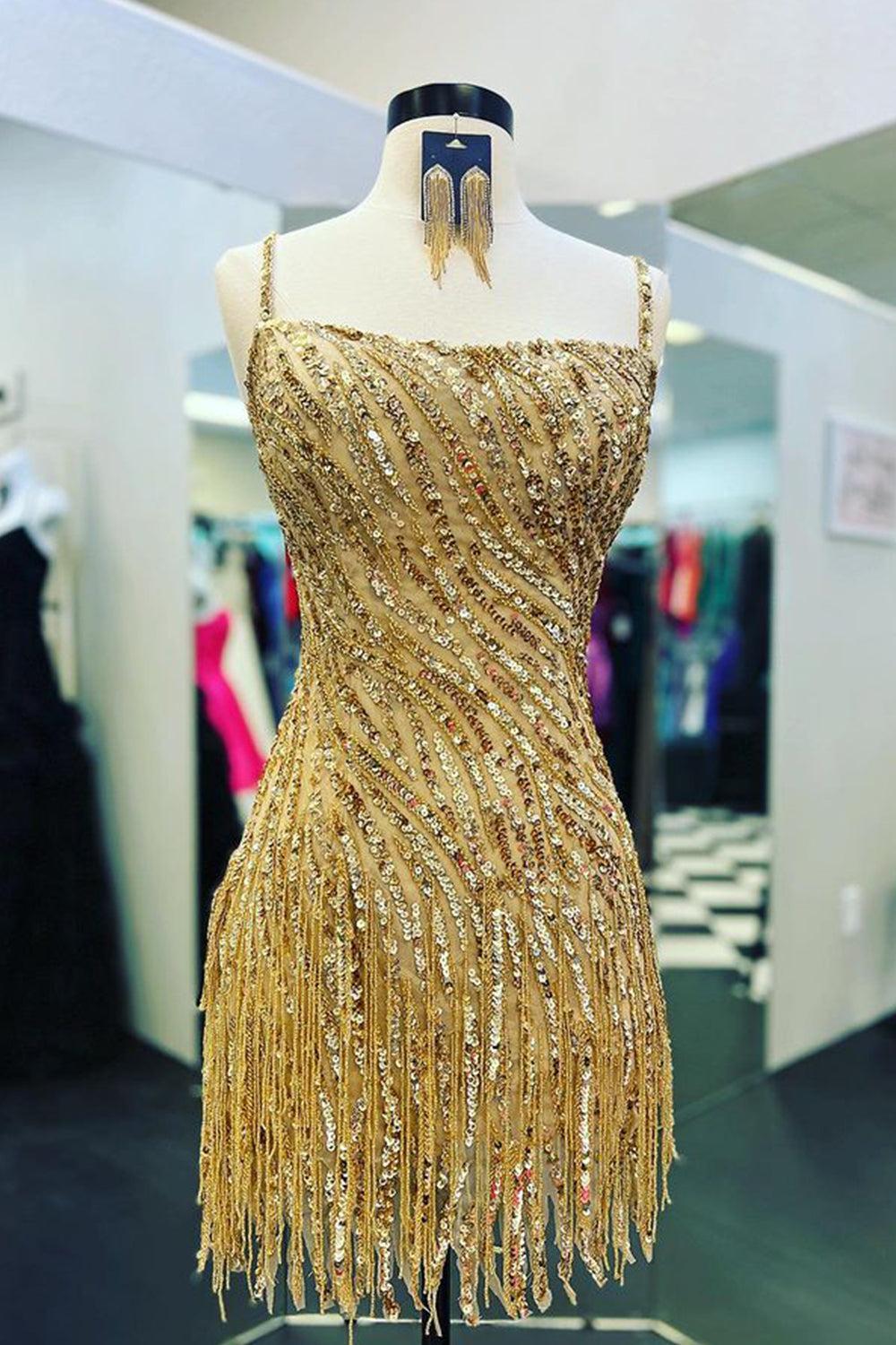 Dressystars Gold Sequined Sheath Spaghetti Straps Short Homecoming Dress with Tassels