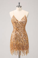 Dressystars Golden Homecoming Dress Sequined Spaghetti Straps Tight Short Prom Dress With Fringes