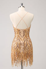 Dressystars Golden Homecoming Dress Sequined Spaghetti Straps Tight Short Prom Dress With Fringes