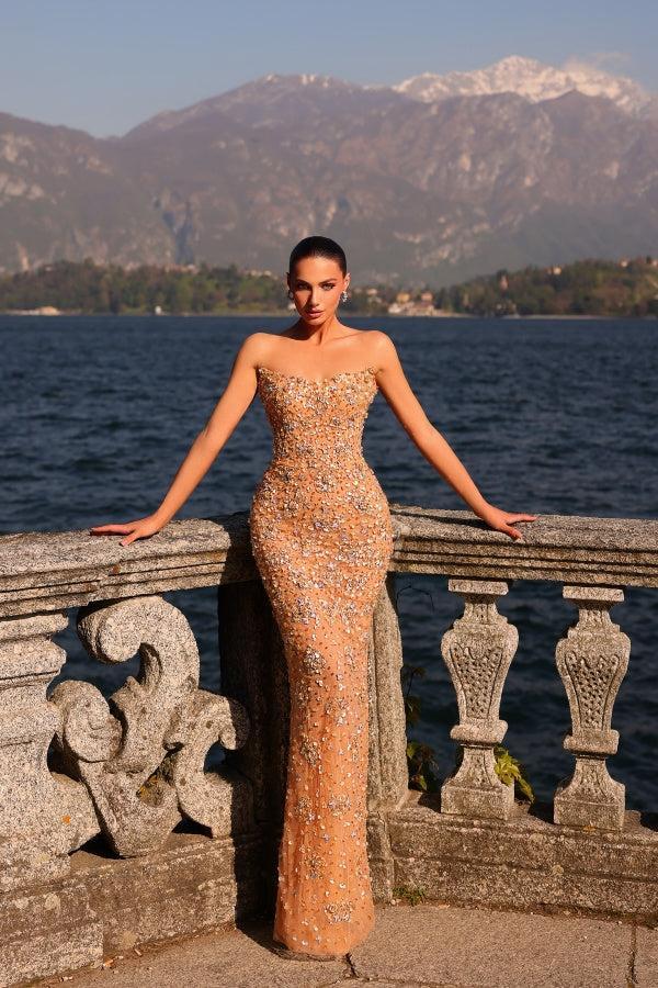 Dressystars Golden Prom Dress Strapless Beaded Sheath/Column Prom Evening Gown