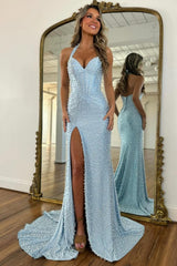 Dressystars Gorgeous Light Blue Beaded Halter Mermaid Prom Dress With Pearls And Slit Formal Evening Gown