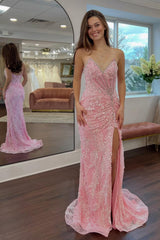 Dressystars Gorgeous Mermaid Sweetheart Pink Long Prom Dress With Split Front Appliques Formal Evening Gown