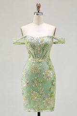 Dressystars Green Floral Off-the-Shoulder Corset Tight Short Homecoming Dress