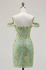 Dressystars Green Floral Off-the-Shoulder Corset Tight Short Homecoming Dress