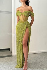 Dressystars Green Off Shoulder Corset Sequin Prom Dress With High Slit Formal Evening Gown