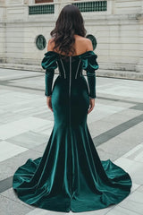 Dressystars Green Velvet Formal Dress Mermaid Long Sleeve Christmas Party Dress with Slit