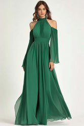 Dressystars Green Wedding Guest Dress A Line Cold Shoulder Halter Long Formal Dress