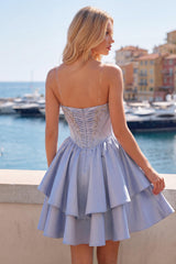Dressystars Grey-Blue Beaded A-Line Corset Short Homecoming Dress with Ruffles