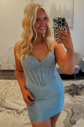 Dressystars Grey Blue Sweetheart Corset Tight Homecoming Dresses Short Cocktail Dresses With Beadings