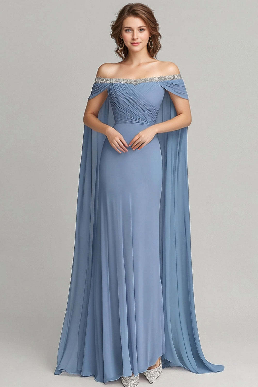Dressystars Grey Blue Wedding Guest Dress Chiffon Off The Shoulder Formal Dress With Cape
