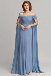 Dressystars Grey Blue Wedding Guest Dress Chiffon Off The Shoulder Formal Dress With Cape