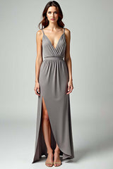 Dressystars Grey Spaghetti Straps Sheath Long Formal Dress With Slit