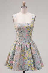 Dressystars Grey Square Neck Jacquard A-Line Short Corset Homecoming Dress