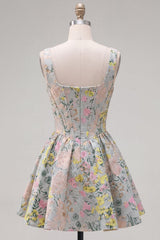 Dressystars Grey Square Neck Jacquard A-Line Short Corset Homecoming Dress