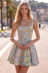 Dressystars Grey Square Neck Jacquard A-Line Short Corset Homecoming Dress