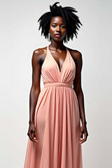 Dressystars Halter Blush Pink Wedding Guest Dress A Line Ruched Long Formal Dress