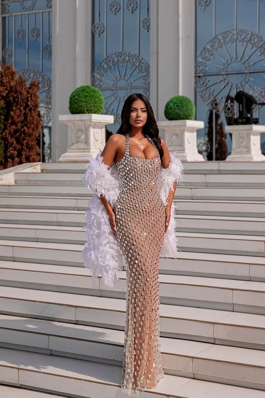 Dressystars Halter Neck Beaded Prom Dress Mermaid Sleeveless Formal Dress