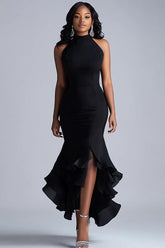 Dressystars Halter Neck Black Wedding Guest Dress Ruffled Mermaid Long Formal Dress With Slit