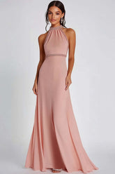 Dressystars Halter Neck Pink Wedding Guest Dress Beaded Long Formal Dress
