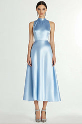 Dressystars Halter Neck Satin A Line Blue Wedding Guest Dress Tea Length Formal Dress
