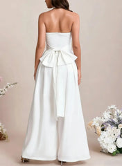 Dressystars Halter Neck Sleeveless Floor Length Elastic Satin Wedding Jumpsuit with Bow