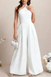 Dressystars Halter Neck Sleeveless Floor Length Elastic Satin Wedding Jumpsuit with Bow