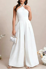 Dressystars Halter Neck Sleeveless Floor Length Elastic Satin Wedding Jumpsuit with Bow