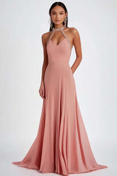 Dressystars Halter Pink Wedding Guest Dress Ruched Long Formal Dress With Beading