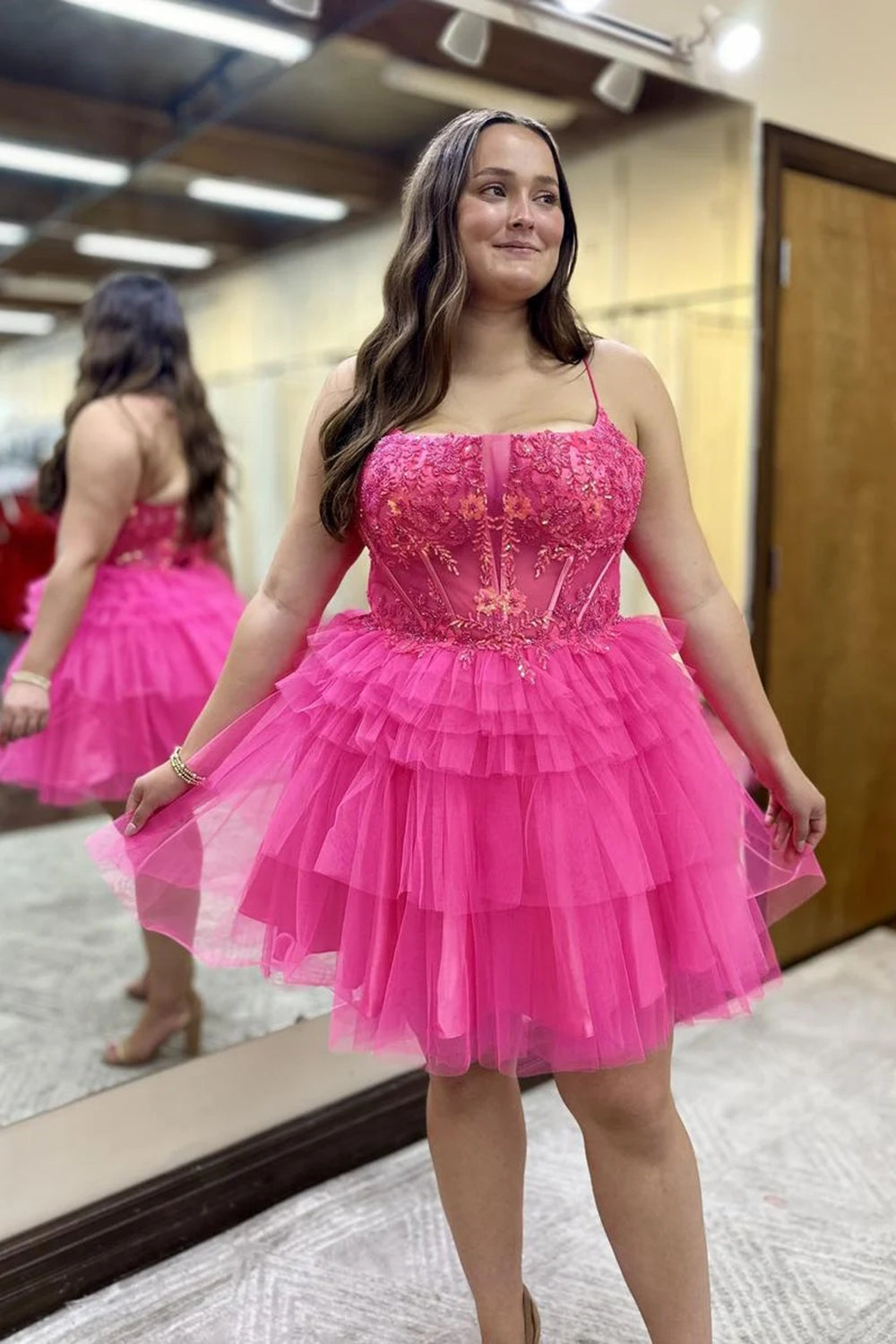 Dressystars Hot Pink Homecoming Dress A Line Spaghetti Straps Corset Short Prom Dress