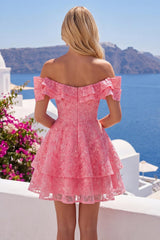 Dressystars Hot Pink Lace Beaded Ruffled Off The Shoulder A Line Short Homecoming Dress