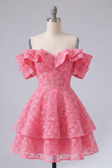 Dressystars Hot Pink Lace Beaded Ruffled Off The Shoulder A Line Short Homecoming Dress
