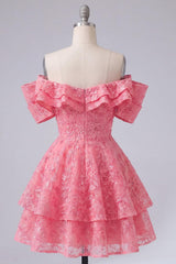 Dressystars Hot Pink Lace Beaded Ruffled Off The Shoulder A Line Short Homecoming Dress